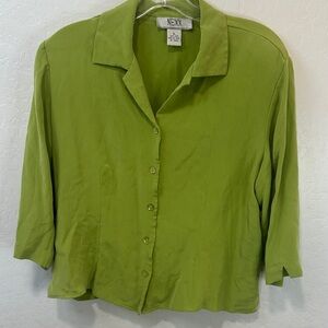 Nexx Green Button-Down Collared Women's Top XL SILK blouse padded shoulder VTG